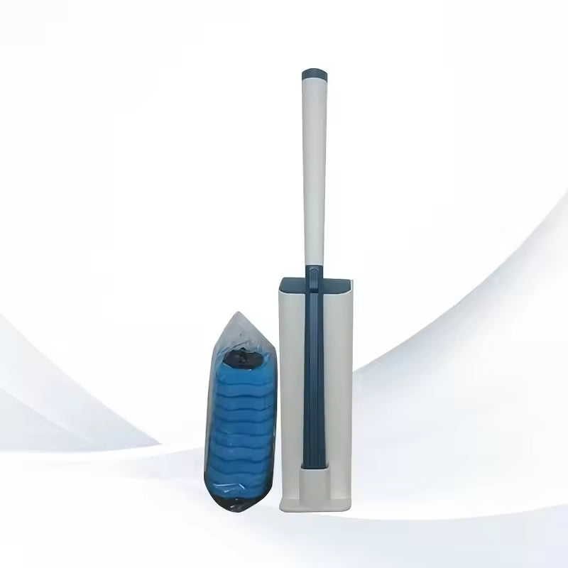 Disposable toilet cleaning brush set with white handle and blue replacement brush heads by Clarify.pk