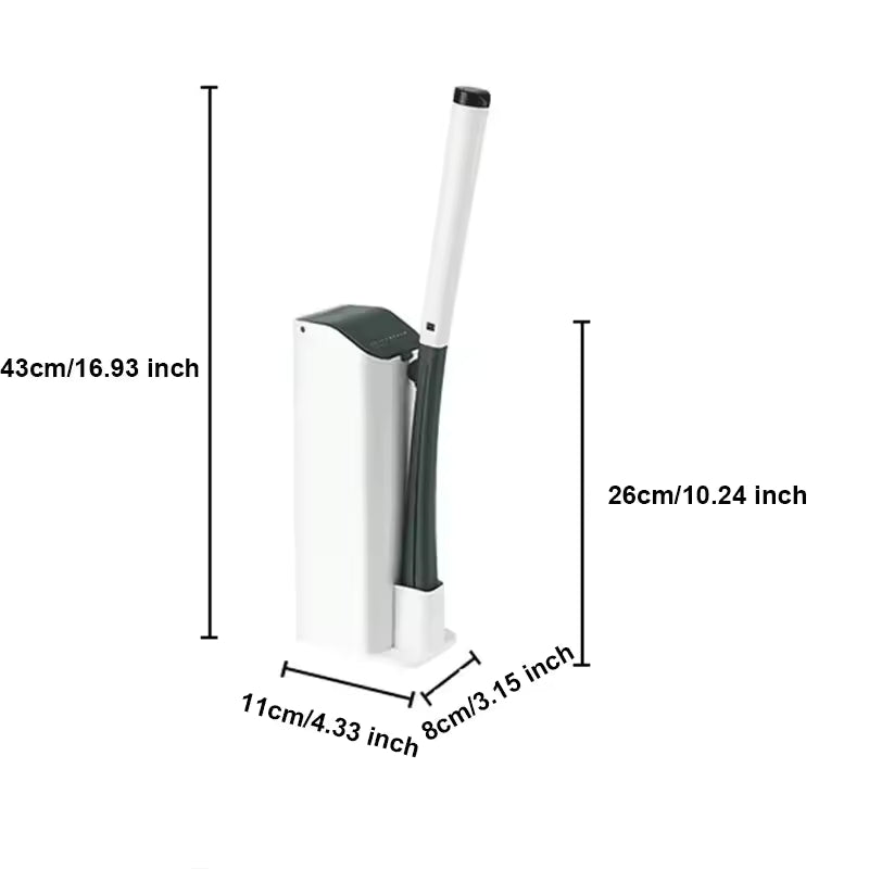 Clarify.pk disposable toilet cleaning brush set with holder showing dimensions in white and black