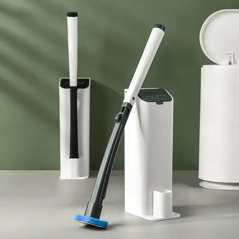 Disposable toilet cleaning brush set with white handle and blue cleaning head in modern holder