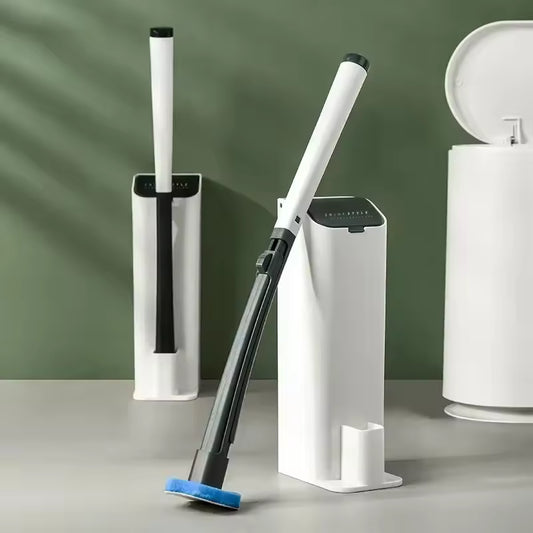 Disposable toilet cleaning brush set with white handle and blue cleaning head in modern holder