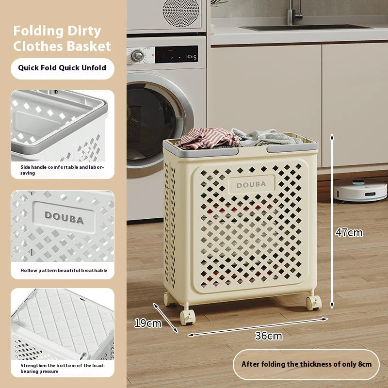 Beige Folding Clothes Storage Basket with wheels and ventilated sides holding laundry in modern laundry room
