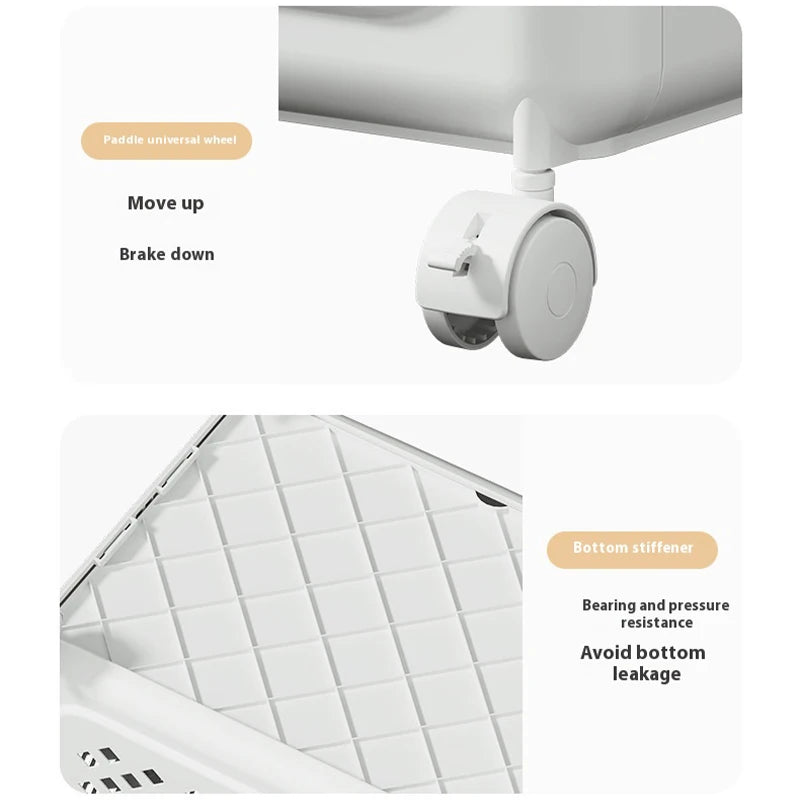 Close-up of white folding clothes storage basket wheel with brake and bottom stiffener grid design