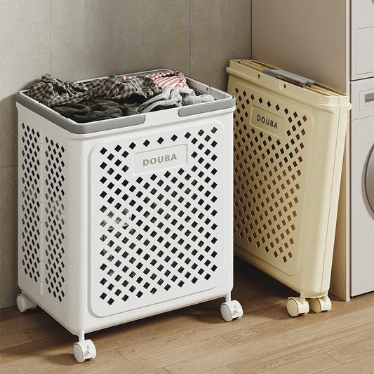 Clarify.pk Folding Clothes Storage Basket in white and beige with wheels for easy mobility