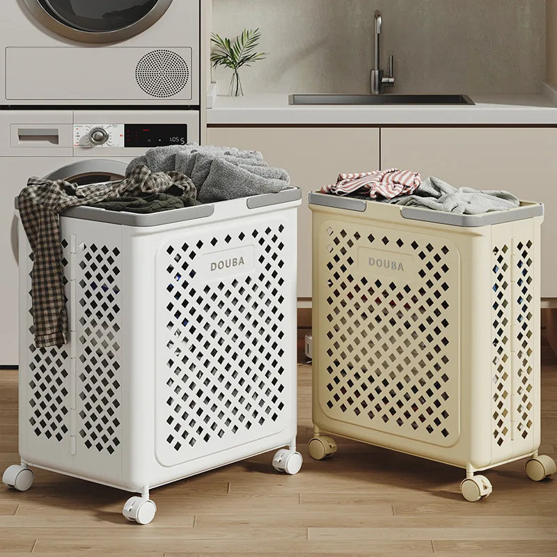 Two folding clothes storage baskets in beige and white with handles and wheels filled with laundry in a modern laundry room
