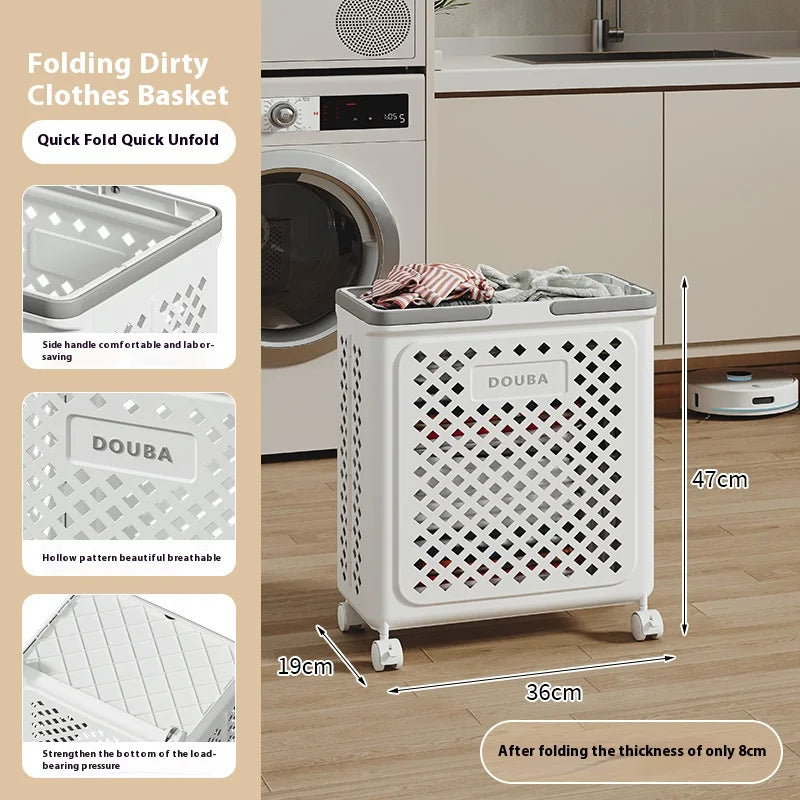 White folding clothes storage basket with wheels and breathable hollow pattern for laundry organization