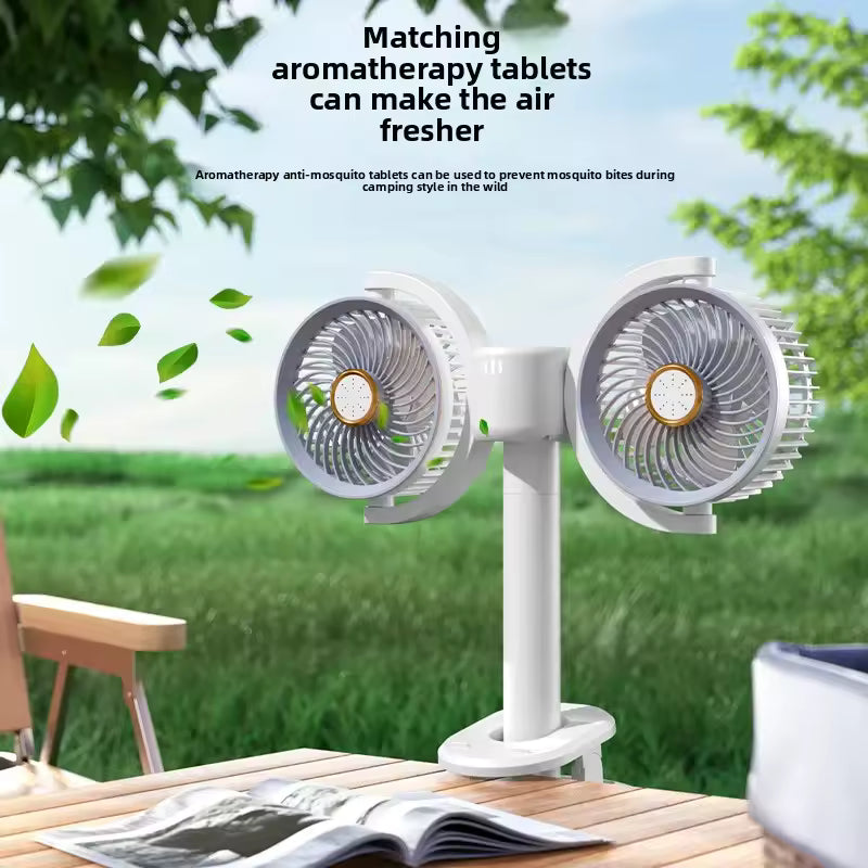Clarify.pk double head recirculating fan with aromatherapy tablets on outdoor table near green field