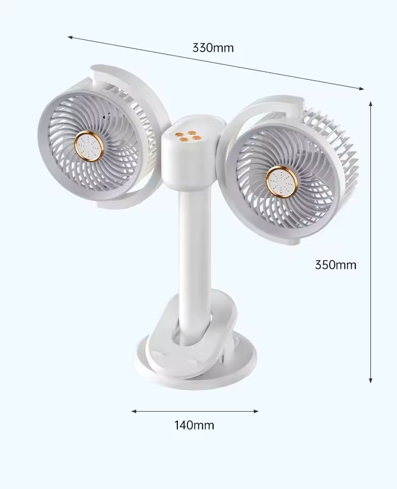 White double head recirculating fan with adjustable heads and base showing dimensions