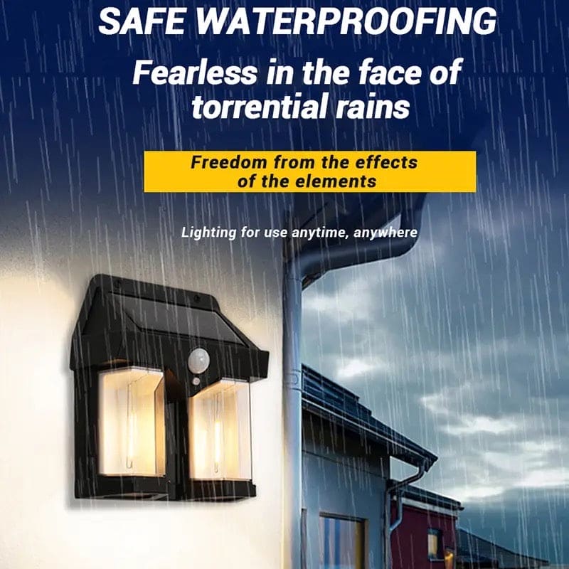 Double head solar wall lamp with safe waterproofing shining brightly in heavy rain outdoors