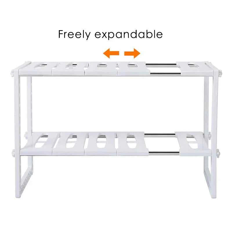 Expandable double layer dish holder in white for kitchen organization and storage