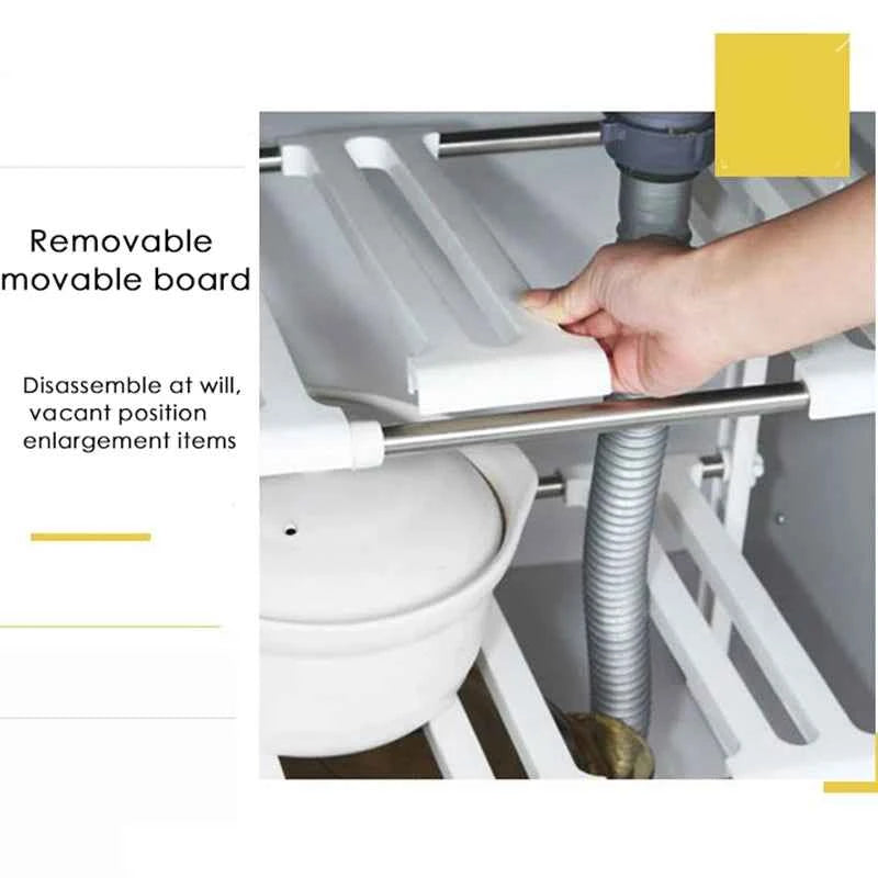 Double layer dish holder with removable board for easy access and organization in kitchen cabinets