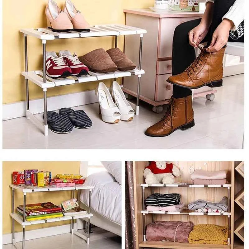 Double layer dish holder used for organizing shoes and household items in stylish storage.