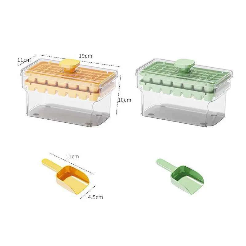 Double layer ice cube mold in yellow and green with scoop for making ice cubes easily