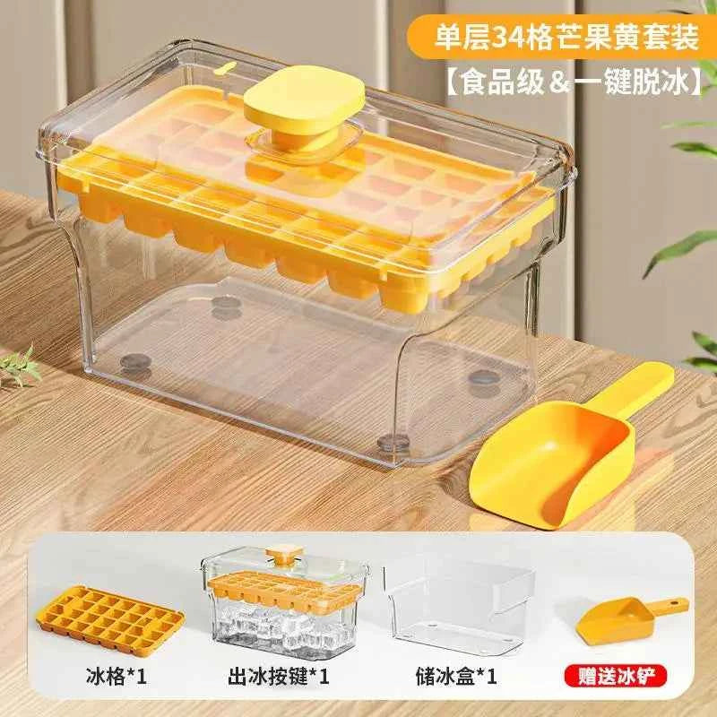 Double layer ice cube mold in yellow with container and scoop for easy ice making
