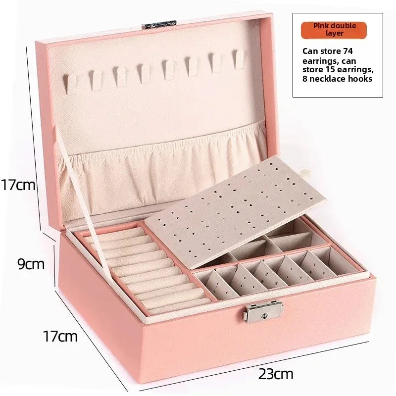 Pink double layer jewelry organizer cosmetic case with compartments for earrings and necklace hooks