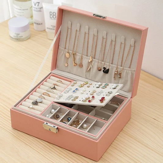 Clarify.pk pink double layer jewelry organizer cosmetic case with compartments for rings and necklaces