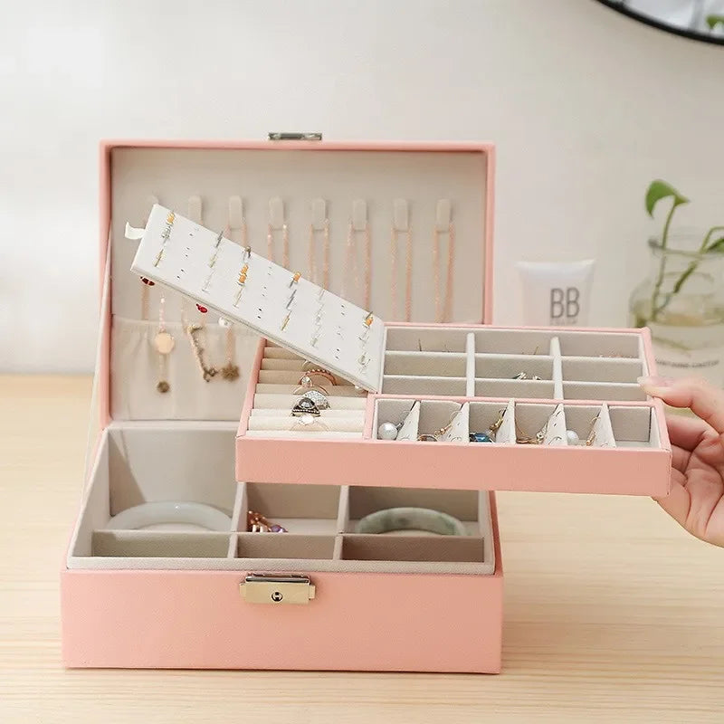 Clarify.pk pink cosmetic case double layer jewelry organizer with compartments for rings earrings and necklaces