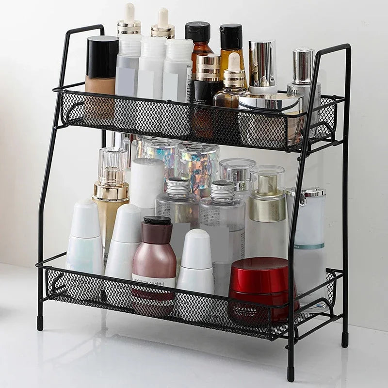 Double layer kitchen storage rack in black metal mesh holding various bottles and containers