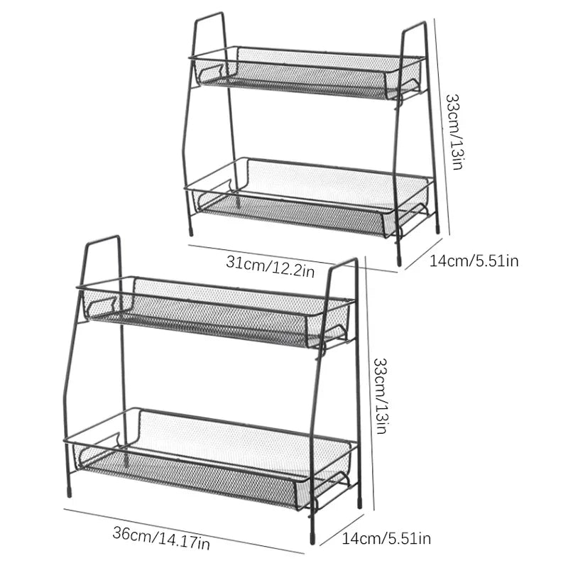 Clarify.pk double layer kitchen storage rack in black metal mesh with dimensions for organized countertop storage
