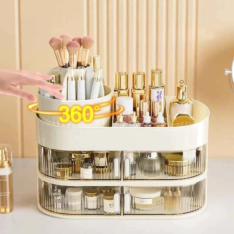 Double layer makeup container with rotating design for organized beauty products and brushes