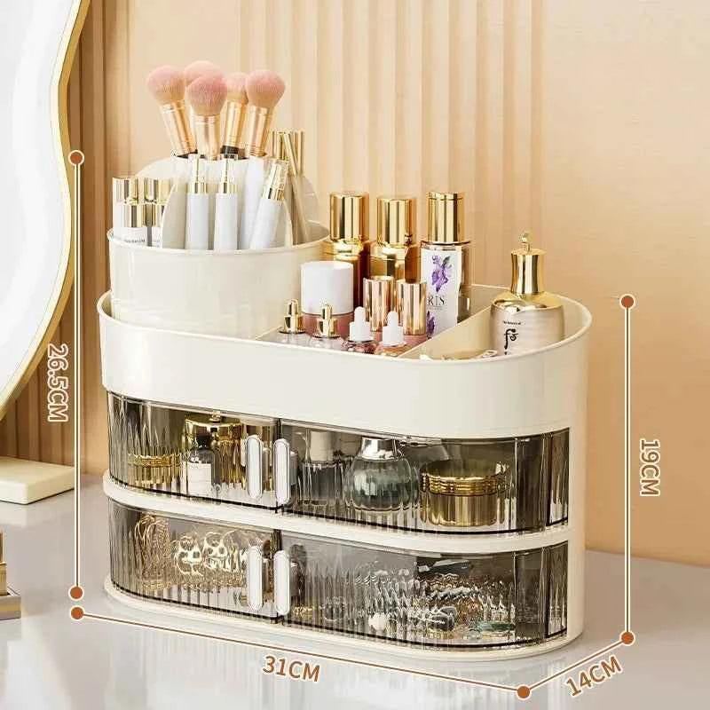 Double layer makeup container with ample storage for cosmetics and beauty products on a vanity