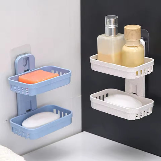 Clarify.pk double layer soap dish holder in blue and white with two soap bars and bottles mounted on bathroom walls