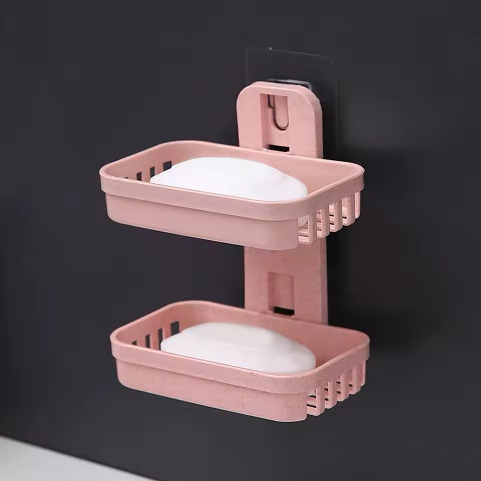 Clarify.pk pink double layer soap dish holder mounted on wall with two white soap bars