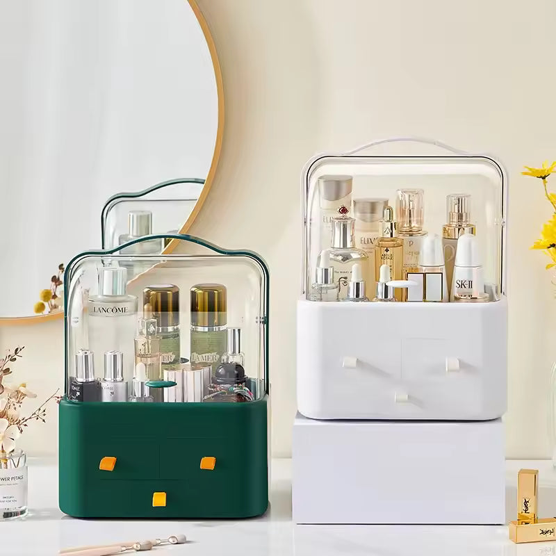 Double sided cosmetic storage box with clear top and multiple makeup bottles inside in green and white colors