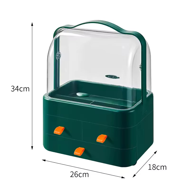 Double sided cosmetic storage box in green with transparent cover and multiple drawers for organizing makeup