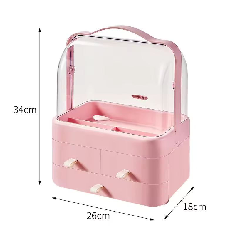 Pink double sided cosmetic storage box with clear lid and multiple drawers for makeup organization