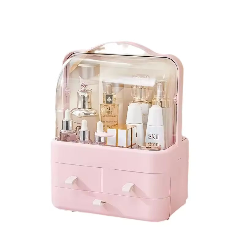 Clarify.pk pink double sided cosmetic storage box with clear cover and multiple compartments