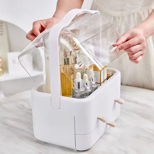 White double sided cosmetic storage box with clear lid and multiple compartments holding skincare bottles