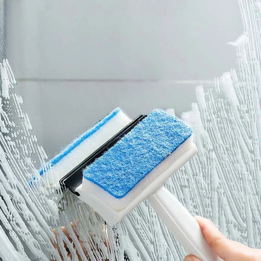 Clarify.pk double sided glass cleaning brush with blue scrub pads cleaning a glass surface