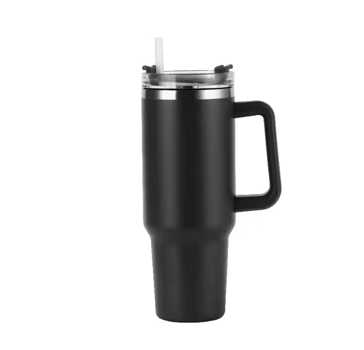 Black double wall vacuum tumbler with handle and clear lid featuring a straw for easy drinking