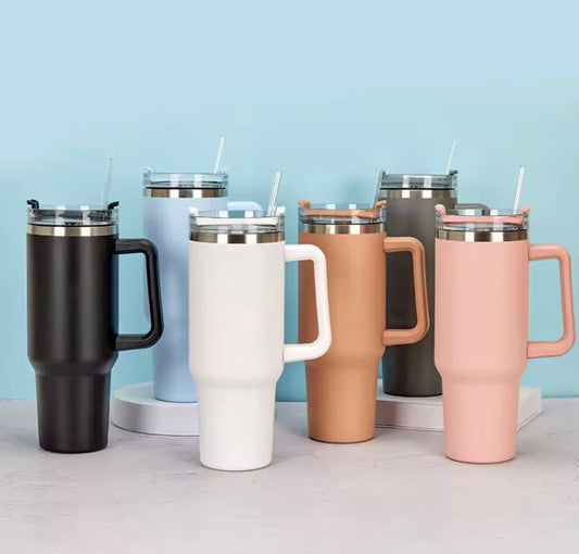 Clarify.pk double wall vacuum tumbler set with lids and handles in black blue white brown pink colors