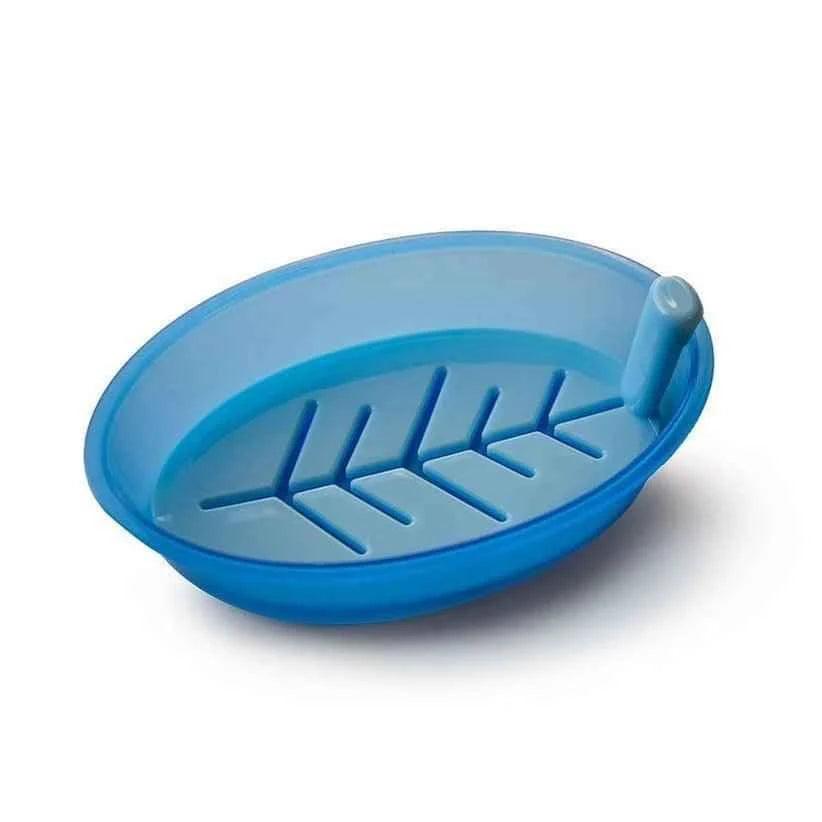Blue plastic leaf shape soap box with drainage grooves and soap holder post