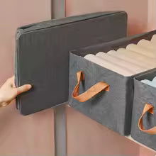 Gray fabric drawer organizer for closet with compartments and leather handles