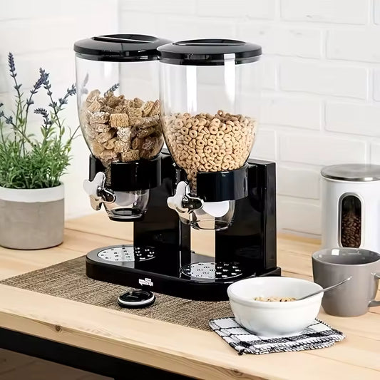 Double cereal dispenser for kitchen with black base and clear containers filled with cereal on wooden countertop