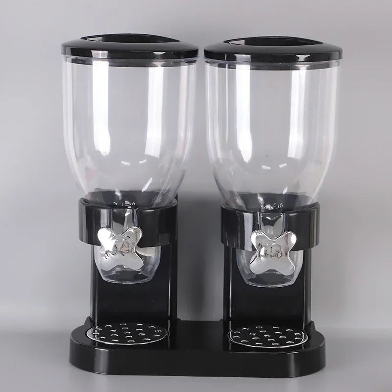 Double container cereal dispenser for kitchen with black base and clear plastic storage bins