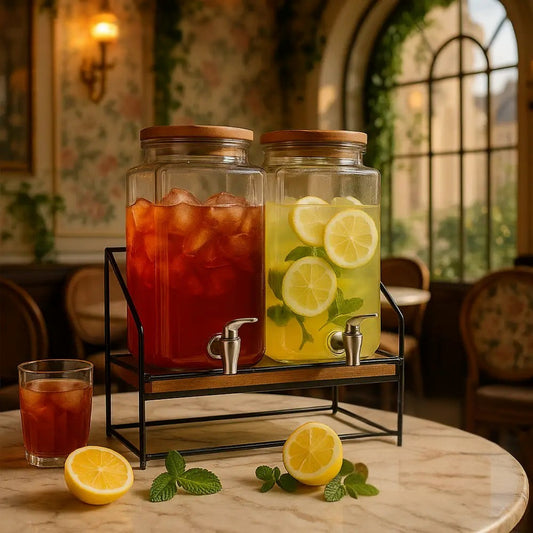 Dual chamber beverage dispenser with iced tea and lemon mint drink on metal stand on table