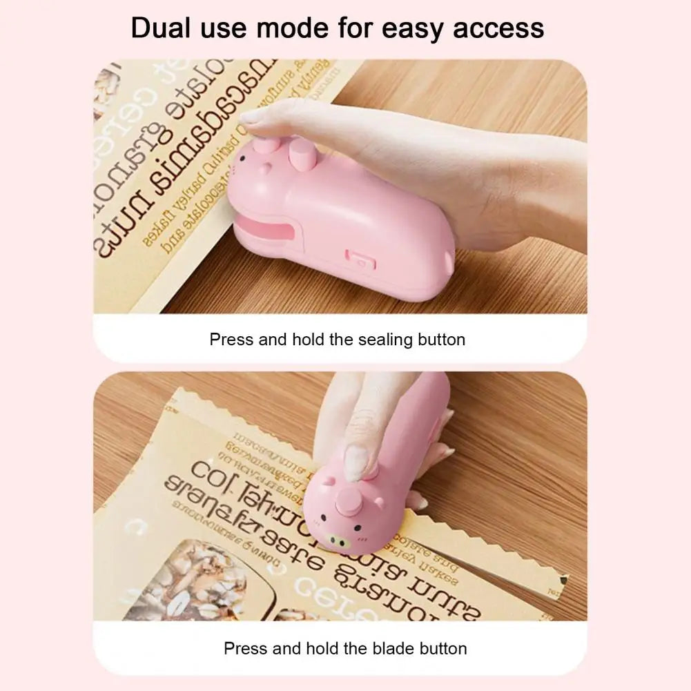 Pink handheld food sealing device in use sealing a plastic bag with dual use mode on wooden surface