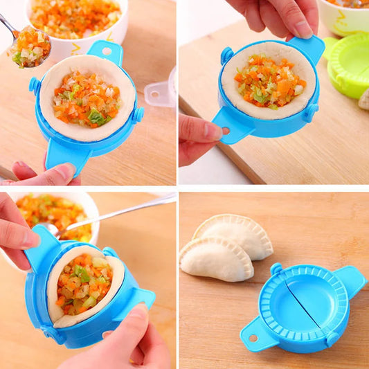 Blue dumpling mold kitchen tool used for shaping and filling dumplings with vegetable mixture on wooden surface