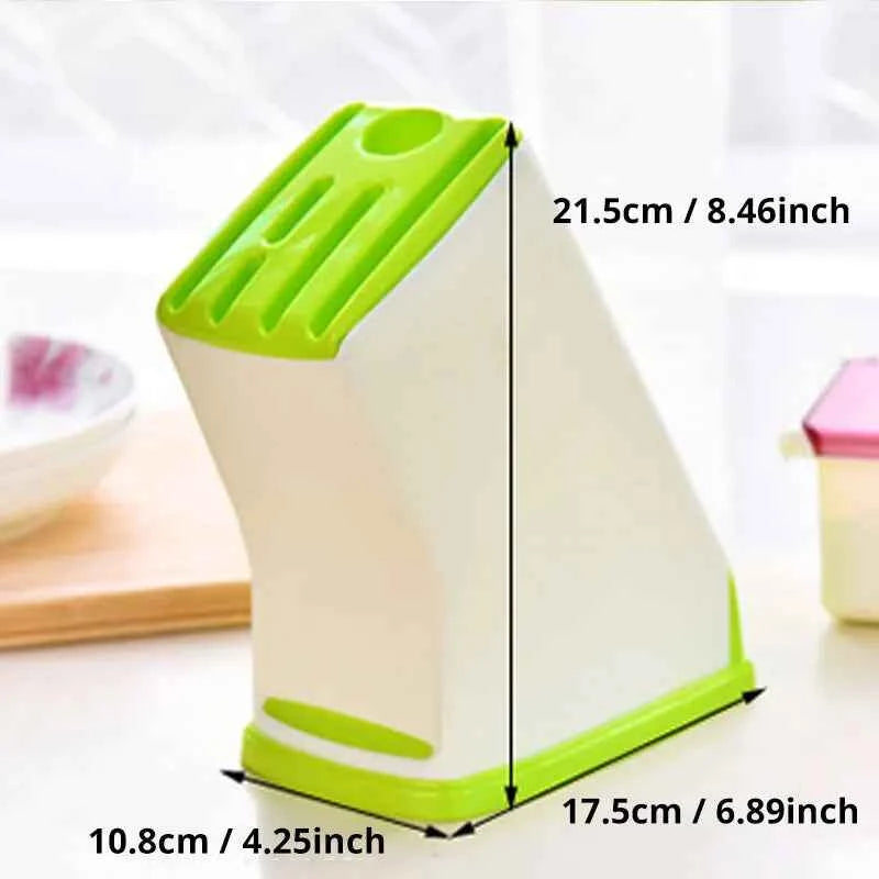 Durable kitchen knife holder in white and green, featuring a sleek design and multiple slots for knives