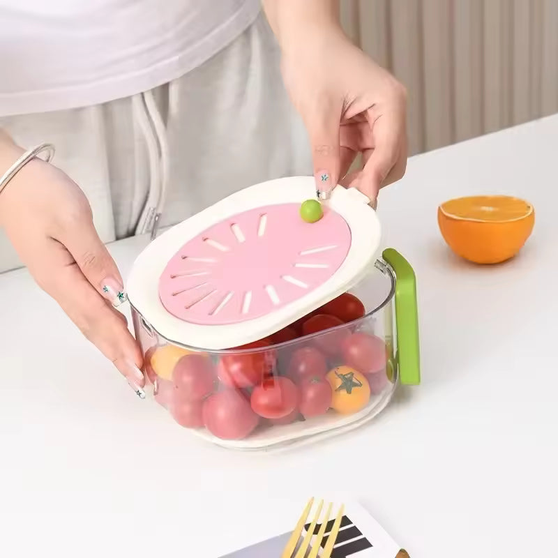 Clarify.pk dust-proof fruit drainer basket with pink lid and transparent container filled with tomatoes