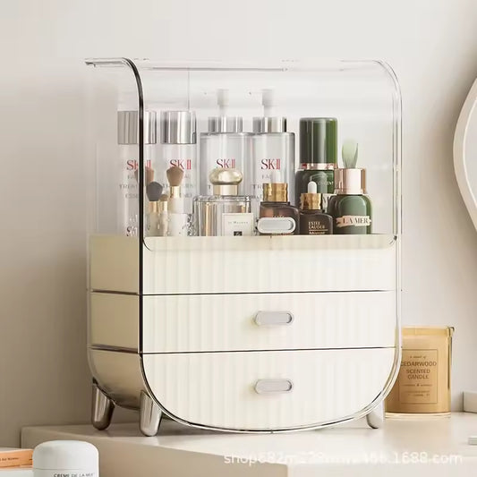 Clarify.pk cosmetics storage box with drawers and clear cover showing skincare bottles in dust proof makeup organizer