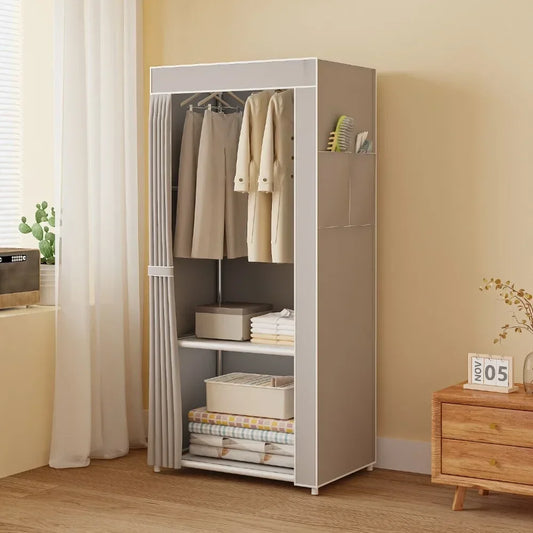 Clarify.pk dustproof fabric wardrobe with curtains and side pockets for organized clothing storage
