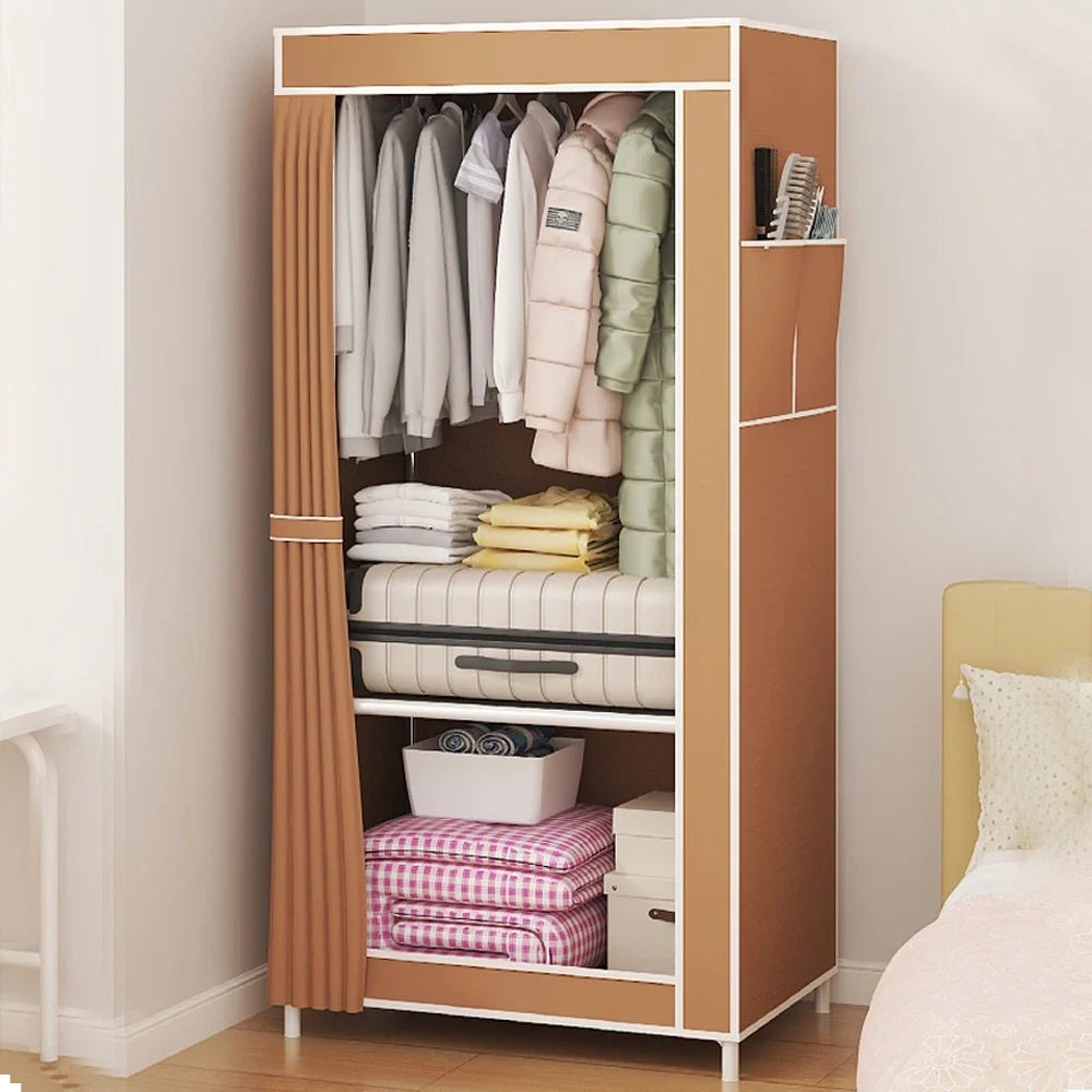 Brown dustproof fabric wardrobe by Clarify.pk with hanging clothes, folded linens, and side pockets for storage