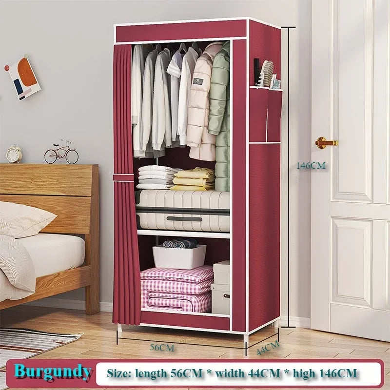 Burgundy dustproof fabric wardrobe with hanging space and shelves for clothes storage