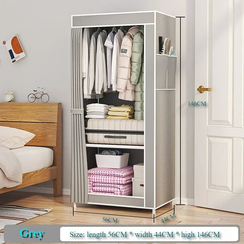 Grey dustproof fabric wardrobe with hanging and shelving storage in a bedroom