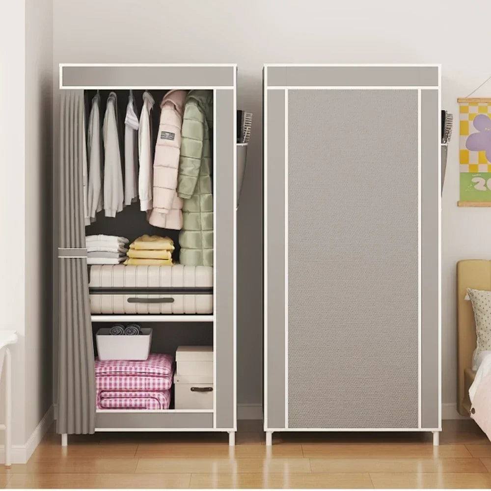 Clarify.pk dustproof fabric wardrobe with hanging clothes and folded linens for organized storage