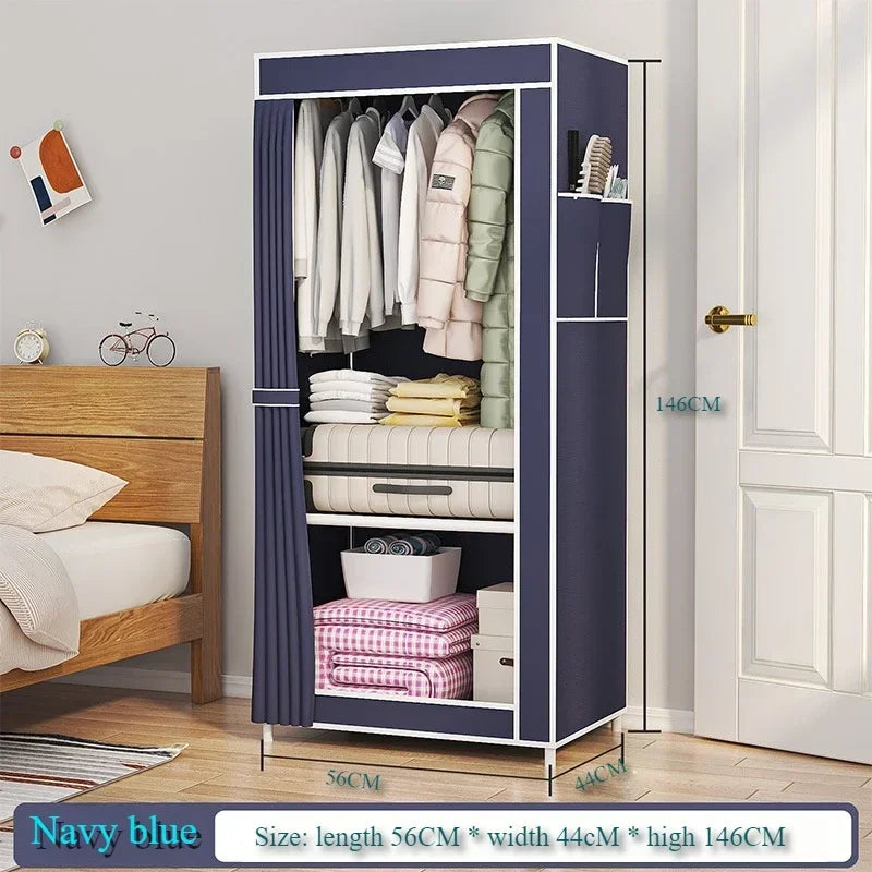 Navy blue dustproof fabric wardrobe with hanging space and shelves for organized bedroom storage